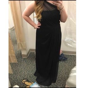 Long, black David’s Bridal Bridesmaid dress.